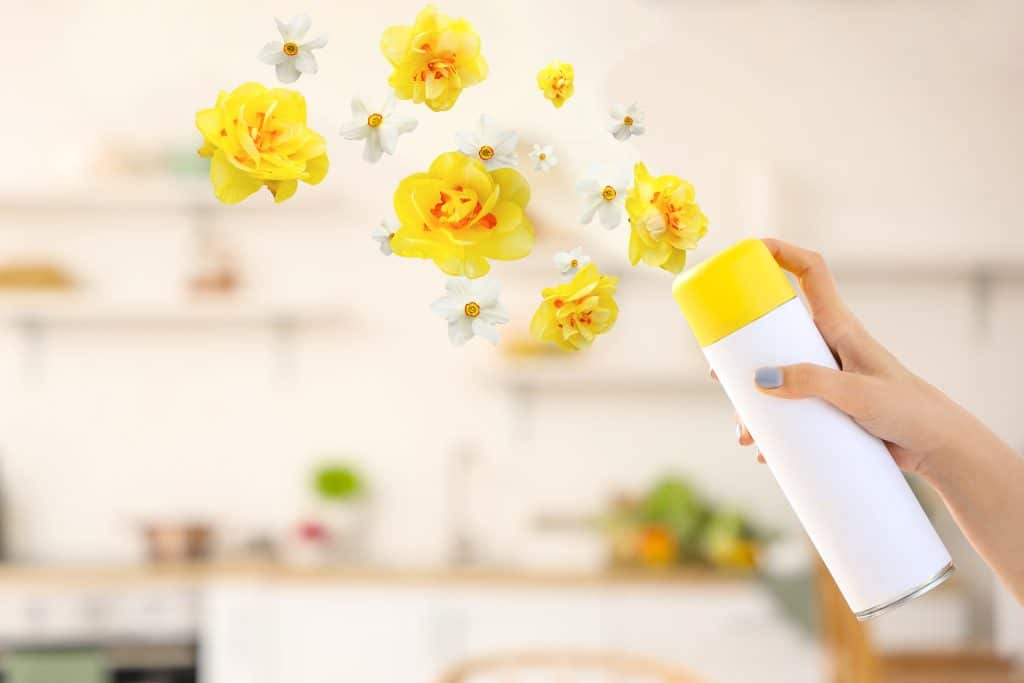 Hand sprays bottle of room freshener, creating the scent of flowers.