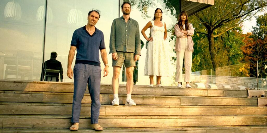 The beautiful Michael Angelo Covino, Kyle Marvin, Adria Arjona, and Dakota Johnson. Credit: NEON.