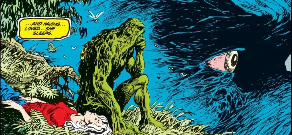 Swamp Thing (a living, humanlike plant) staring into the unknown, reflecting meditatively.