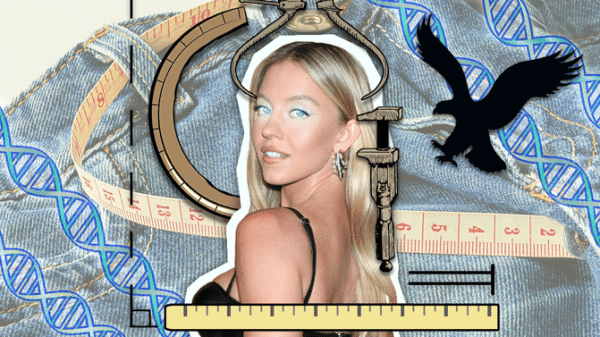Graphic of Sydney Sweeney showcases her bright blue eyes, and American Eagle Logo, and lines of DNA