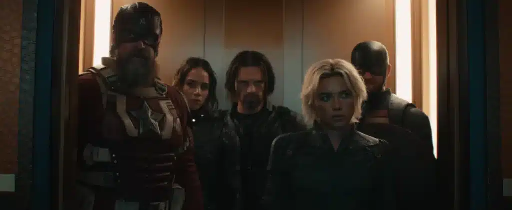 The cast of Thunderbolts looking menacingly out of an elevator.