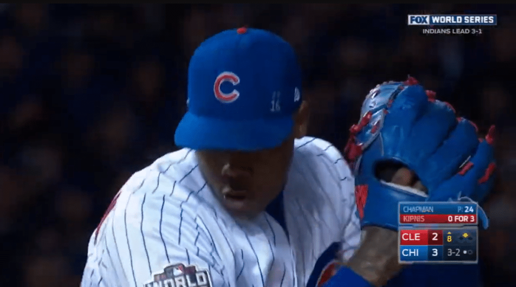 Aroldis Chapman pitches during a pivotal game 5 of the 2016 World Series, months after the Cubs traded for him at the deadline. (MLB/YouTube)