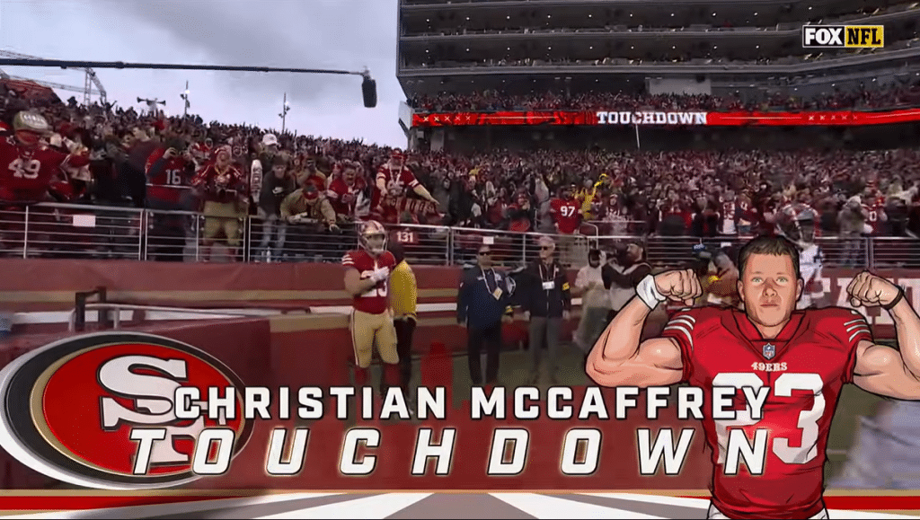 Christian McCaffrey celebrates a scored touchdown in a game against the Tampa Bay Buccaneers. (NFL/YouTube)
