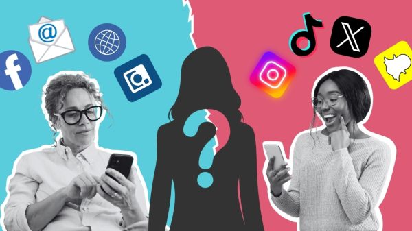 A black silhouette of a feminine person stands between two other feminine people without silhouettes. The background is split down the middle with blue on the left and red on the right. The blue side has a black-and-white image of a feminine person on their phone. Above their head are applications associated with Millennials, like Facebook and LinkedIn. On the red side is a younger, feminine appearing person with applications associated with Gen-Z like TikTok, X, Snapchat, and Instagram. The black silhouette in the center represents Zillennials and has a red and blue question mark on their chest.