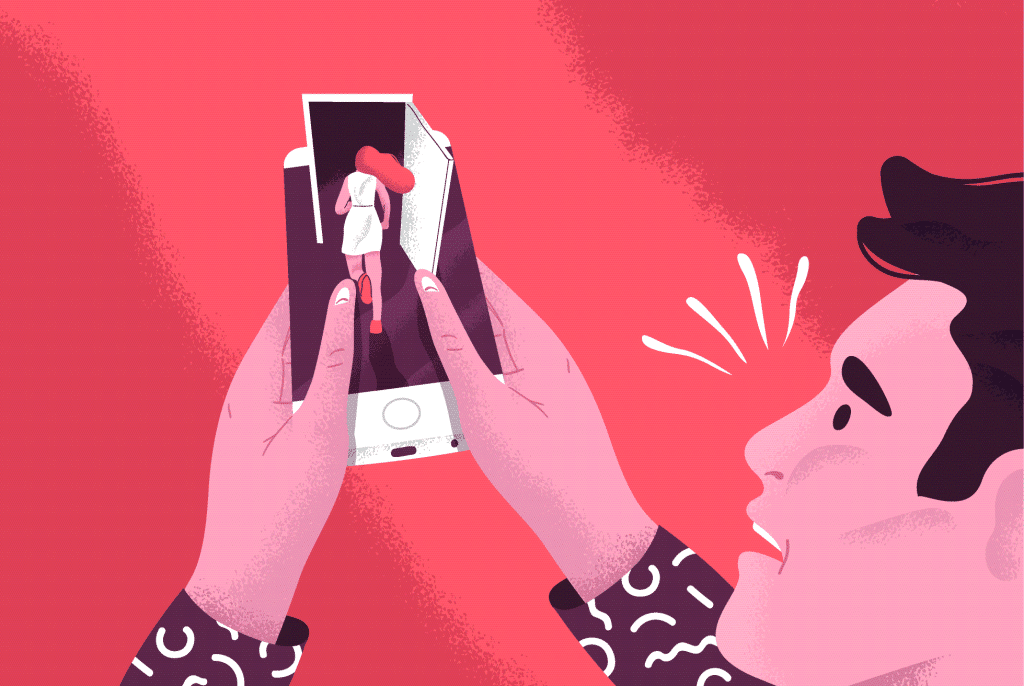 This image shows a graphic of a man holding his phone in stress. Inside the phone, there is a woman running out of a door to symbolize her being over the relationship and ghosting him.