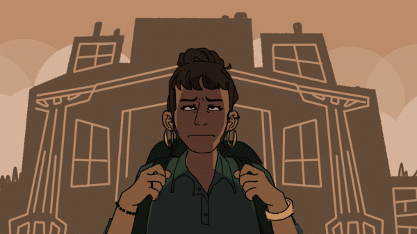 A women looking up ominously at a college building. The college's shadow overlayed over her entire figure.