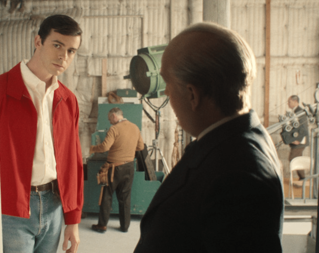 Joey Pollari as Anthony Perkins on a set with Hitchcock in Monster: The Ed Gein Story.