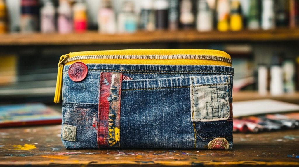 A denim pencil case customized with patches and buttons