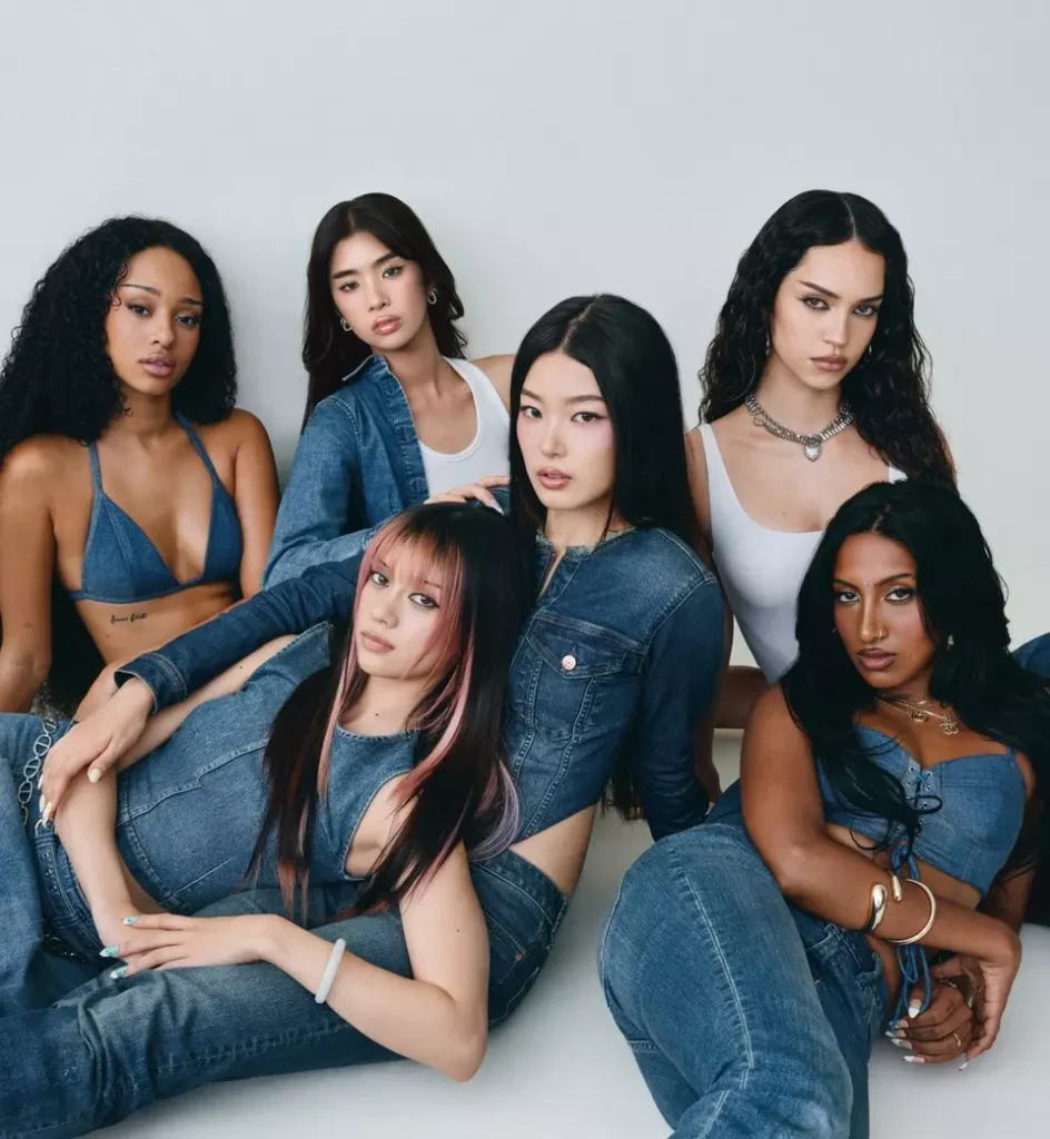 Katseye poses in a group photo while wearing the Katseye x Gap campaign clothing. (Credit: Gap)