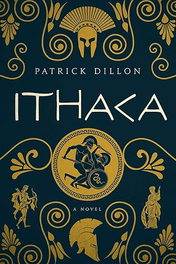 The cover shows a sprawling design of statues, plants, and a Greek helmet. Below in a circle are two Greek fighters.