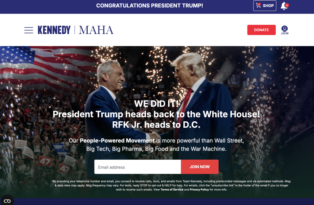 The homepage of Kennedy's campaign website, featuring a picture of himself and Donald Trump shaking hands beneath a banner reading "Congratulations Donald Trump."