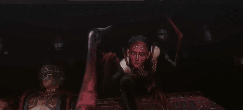 Elise with a red mask and spider like features crawling out of the shadows.
