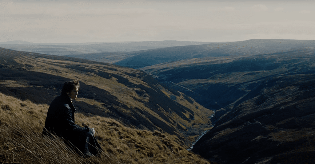 Heathcliff sits on the grass overlooking rolling hills.
