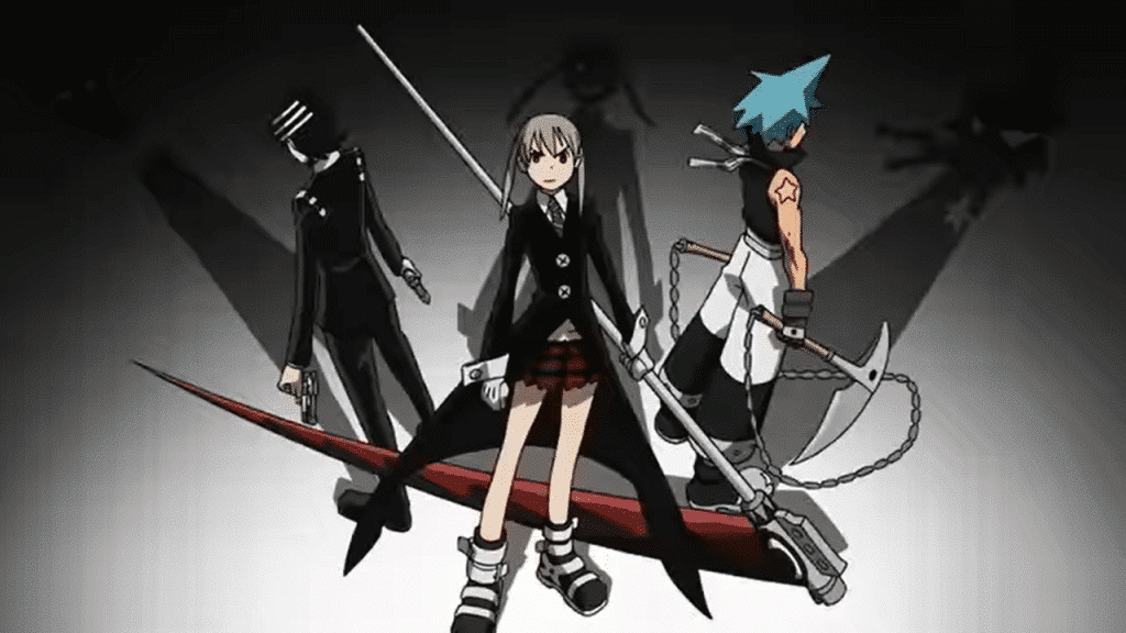 From left to right, Death the Kid, Maka Albarn, and Black Star posing