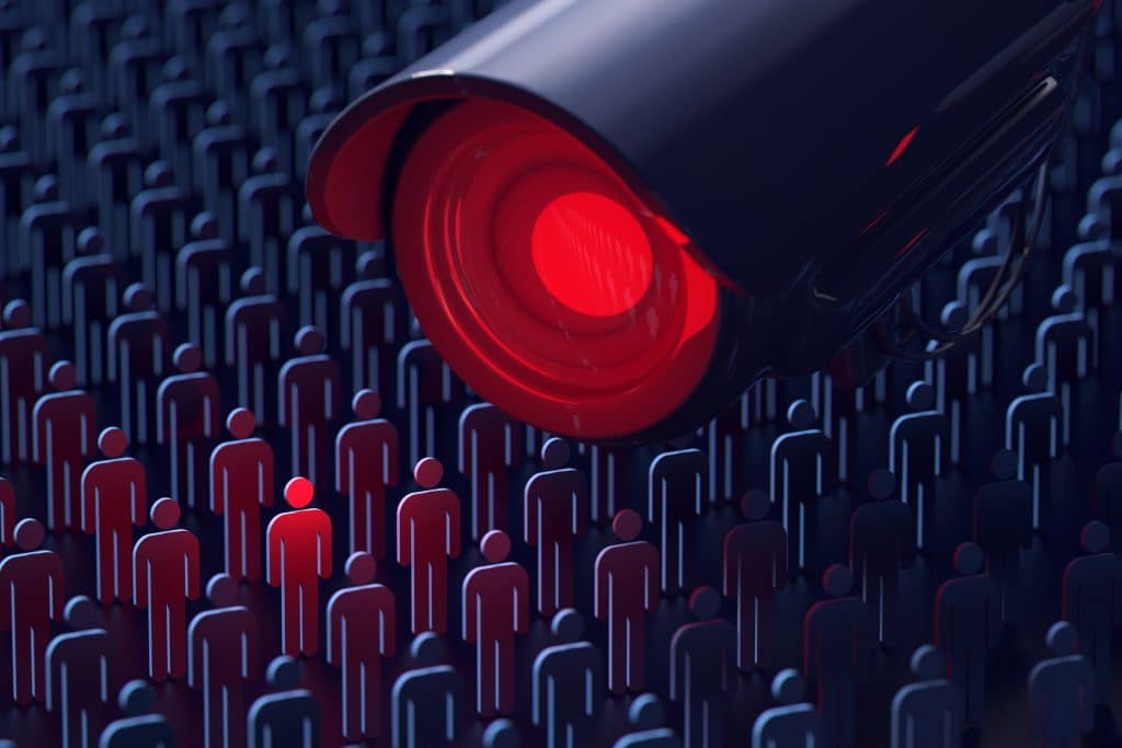 Illustration of a surveillance camera singling out a member of a crowd.