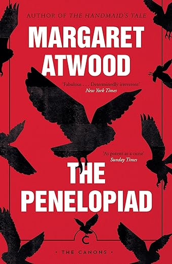 The cover depicts a flock of birds silhouetted against a red background. The title 'The Penelopiad' is written in capitalized white letters.