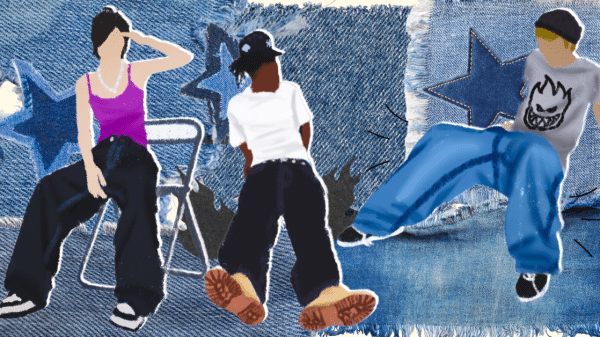 Illustration of three figures dressed in oversized, baggy jeans styled in Y2K/2000s fashion. One person sits on a folding chair wearing a pink tank top and sneakers, another stands with a white t-shirt and Timberland boots, and the third leans back in a grey graphic t-shirt, blue wide-leg jeans, and a beanie. The background is a denim patchwork collage with star cutouts and frayed edges, emphasizing the retro streetwear vibe.