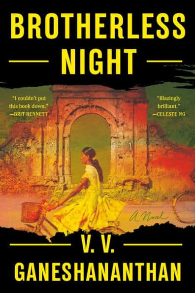 Orange, balck, and yelloew cover of Brotherless Night by V. V. Ganeshananthan