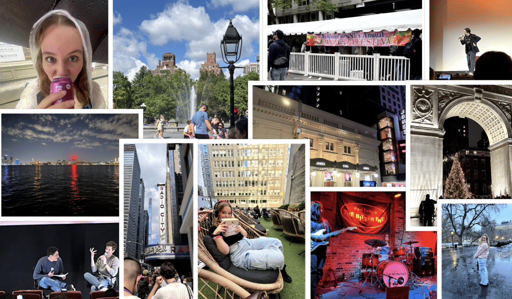 A collage of photos taken by author Molly Siener. Photos include Molly drinking Poppi soda in line line, the Washington Square arch at Christmas time, a band performing, Radio City Music Hall, celebrity panels with Lin Manuel Miranda and Jack Quaid, a Broadway theater, and Molly eating popcorn at a movie screening.