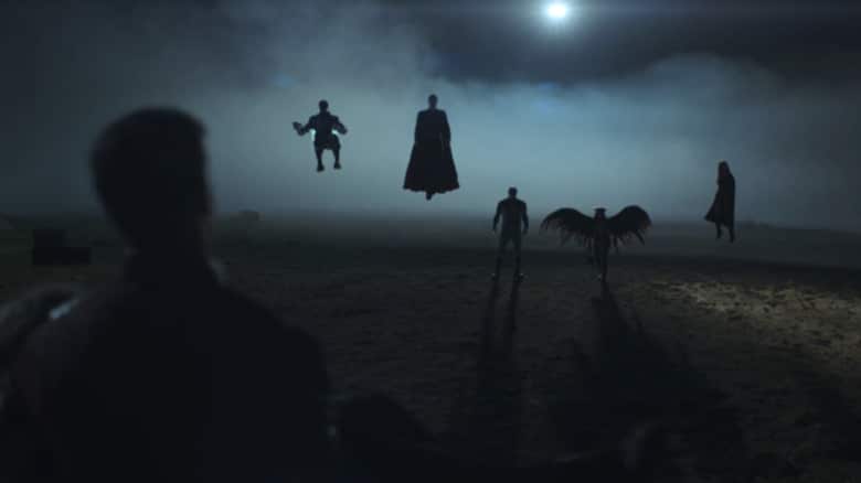 Peacemaker facing the Justice Gang, comprised of Mr. Terrific, Superman, Green Lantern Guy Gardner, Hawkgirl and Supergirl (from left to right).
