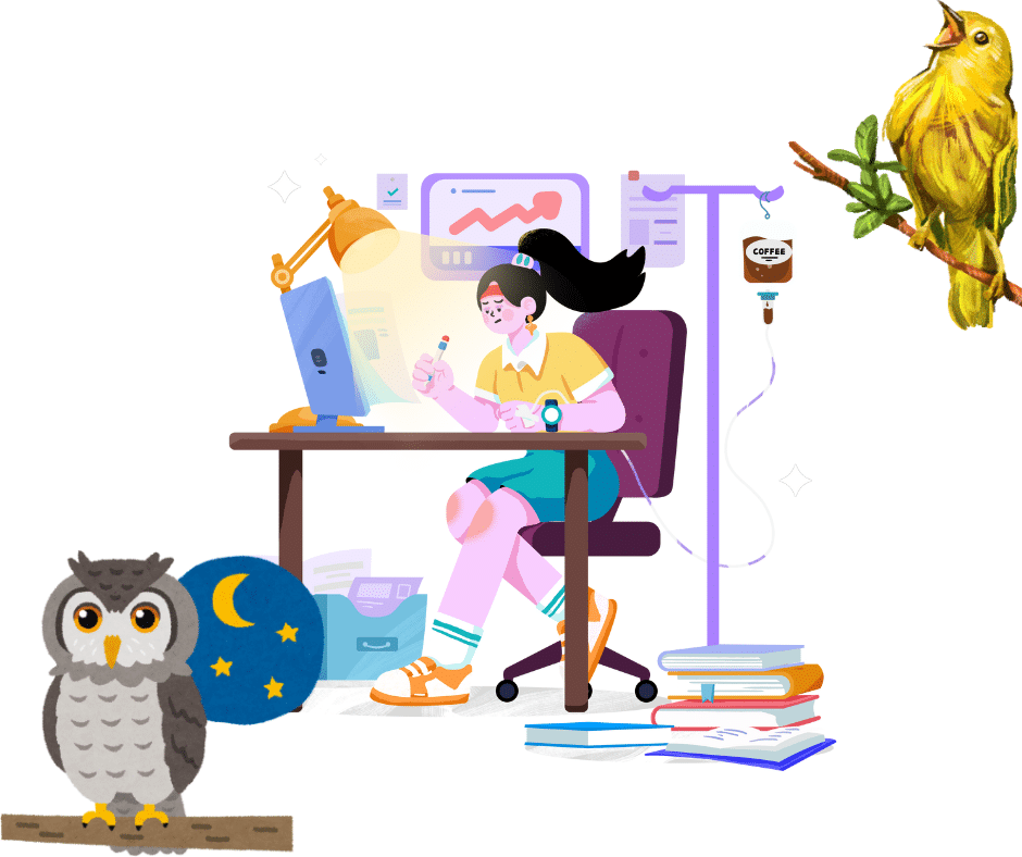 Image of a person working hard with a nigh owl and morning bird illustrations.