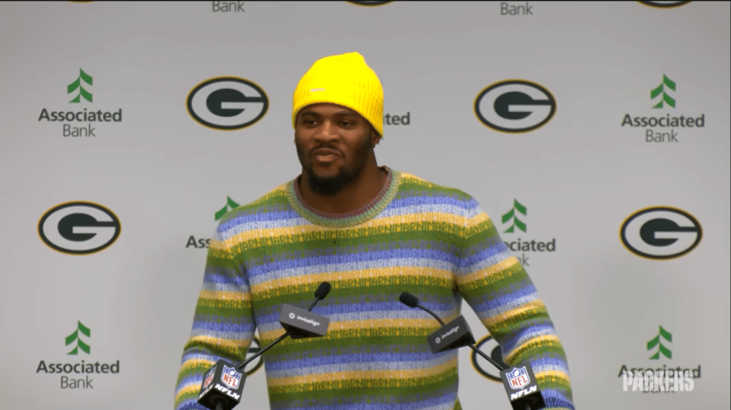 Micah Parsons speaks to the press for his first time as a Green Bay Packer. (Green Bay Packers / YouTube)