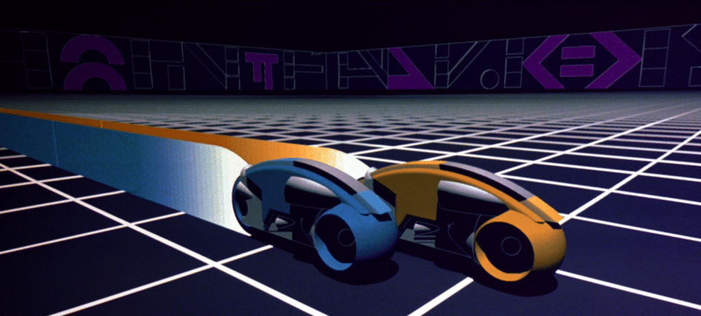 A blue and an orange Light Cycle on a combat arena, both expelling their respective color's light as a thin line behind them as they drive.