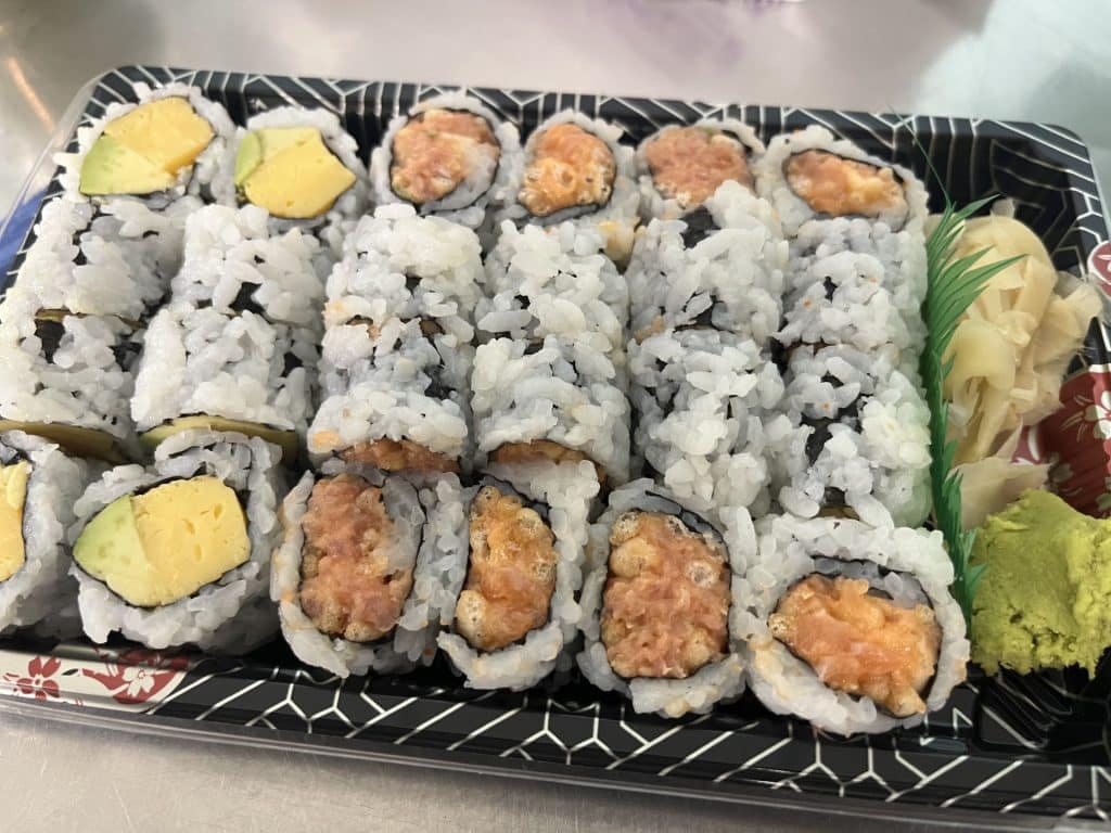 From left to right: Egg Avocado, Spicy Tuna & Spicy Salmon rolls