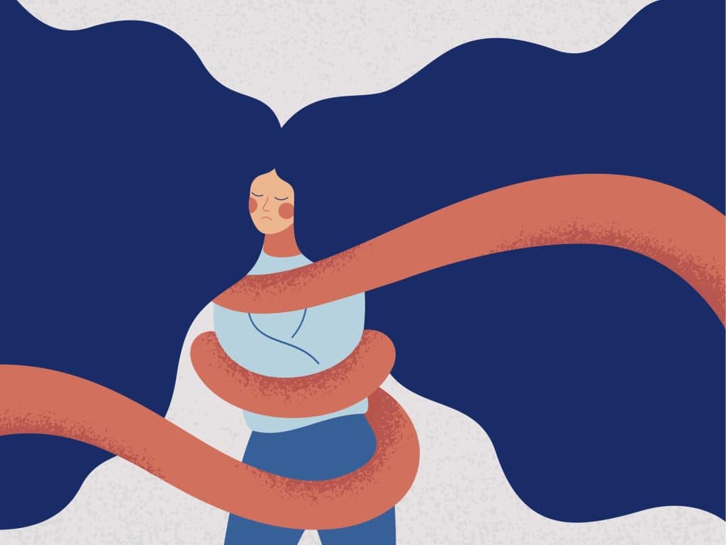 Illustration of woman being wrapped and trapped