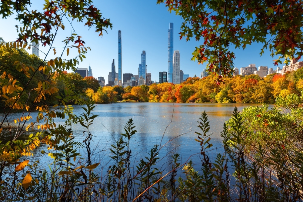 Central Park and the vivid colors of autumn by the Lake with view of Billionaires' Row skyscrapers. Manhattan, New York City