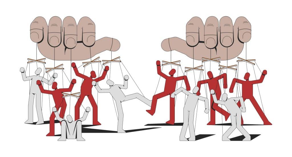 Illustration of two hands mastering people as puppets