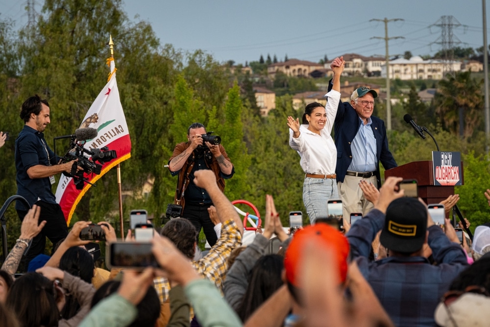 Independent Sen. Bernie Sanders and Democrat Rep. Alexandria Ocasio-Cortez at their nationwide Fighting Oligarchy tour.