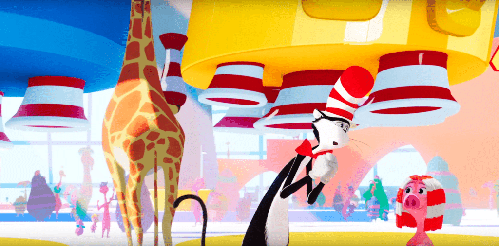 The titular Hat in the Cat looking excited as he walks past a giraffe