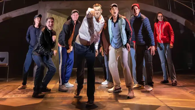 Will Harrison as Jacob, center with L-R Lucy Taylor, Peter Marek, Jacob Orr, Cody Kostro, Kim Fischer, Camila Cano, Flavia in Manhattan Theatre Clubs.