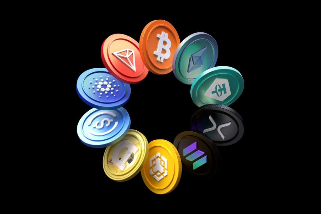 Image of ten different cryptocurrency coin symbols orbiting in a circle against a black background.