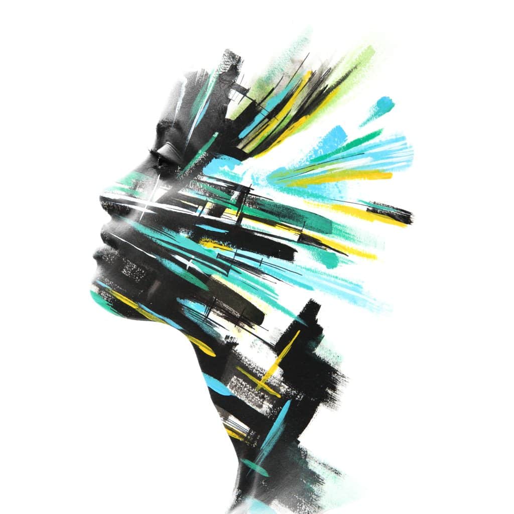 Image of women's face intersected with streaks of blue and yellow colour.