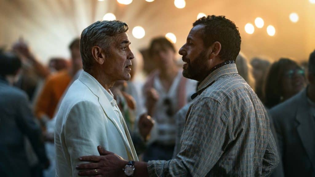 George Clooney and Adam Sandler in "Jay Kelly." (Credit: Netflix)