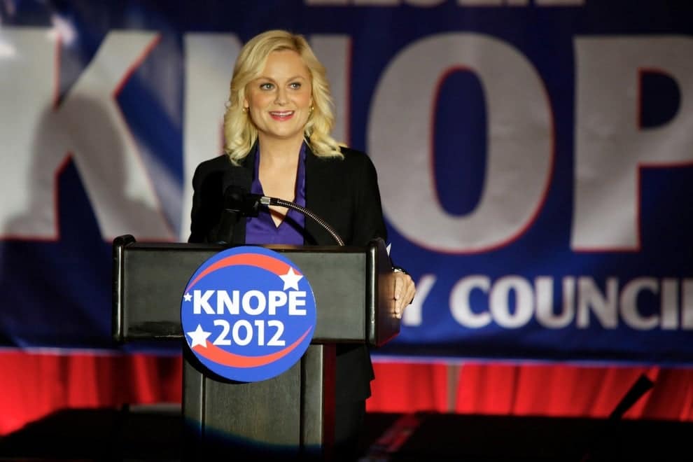 Leslie Knope of Parks and Recreation giving a political speech