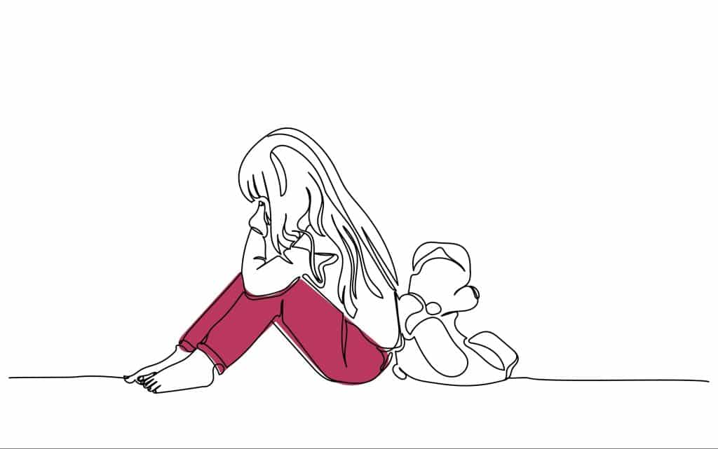 Minimalist image of a girl in purple (symbolizing ASD) pictured with her teddy bear. She looks isolated and unhappy.