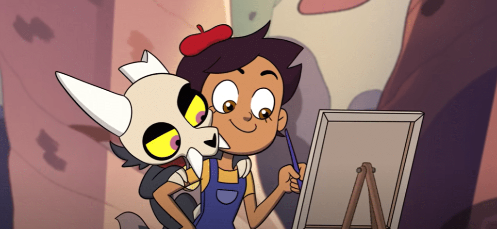 Luz is painting something while King watches, propped on her shoulder. Luz's ADHD can be seen in her current hobby/hyperfixation of painting.