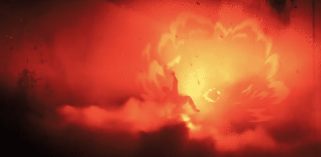 Red, orange and yellows in the smoke because of an explosion and a person falling from it.