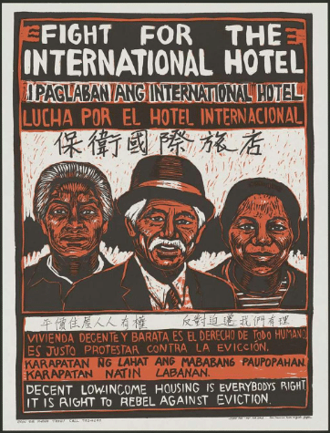 Poster in support of residents of the I-Hotel, against the building's demolition and residents' eviction.