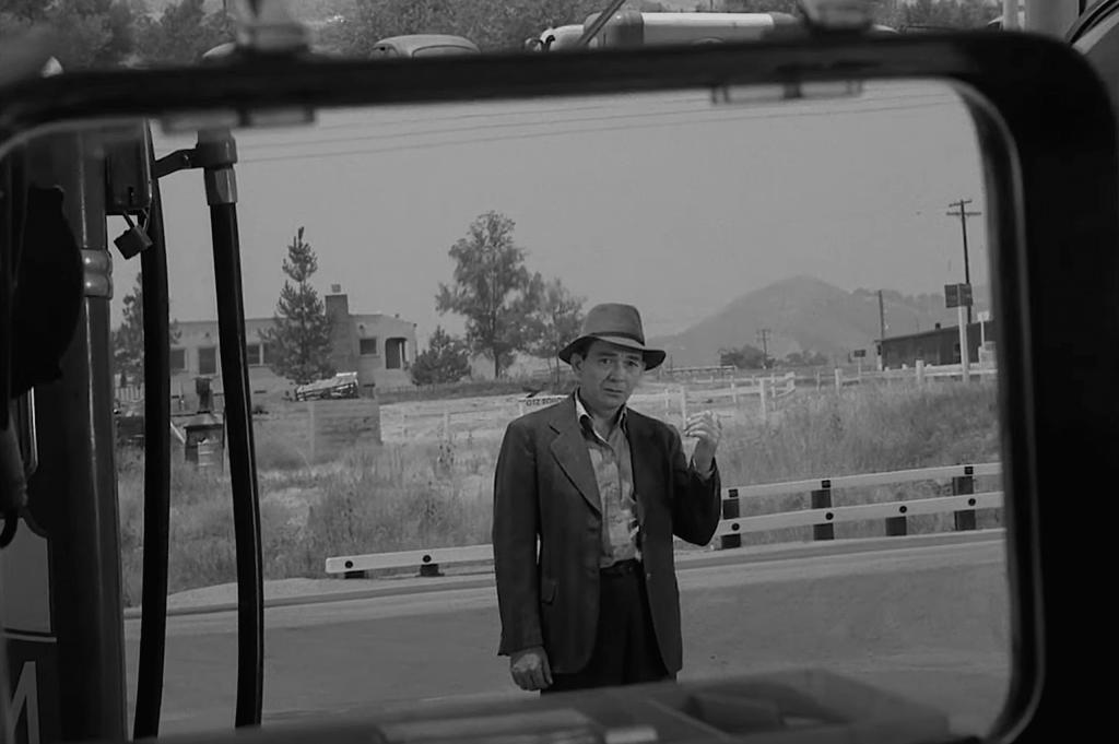 The hitchhiker in the car's external mirror