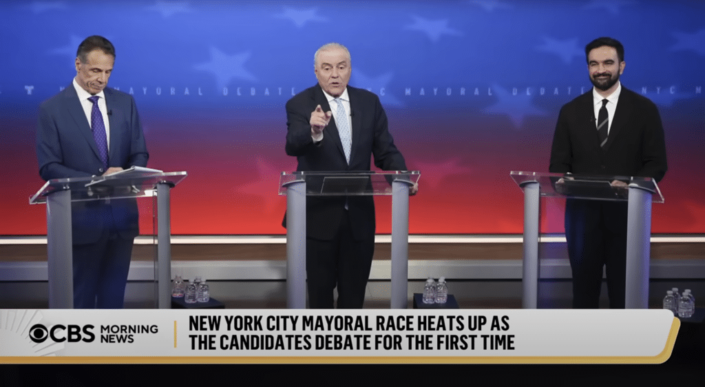 Zohran Mamdani at the first New York City Mayoral Debate with Republican candidate Curtis Silwa and independent candidate Andrew Cuomo.