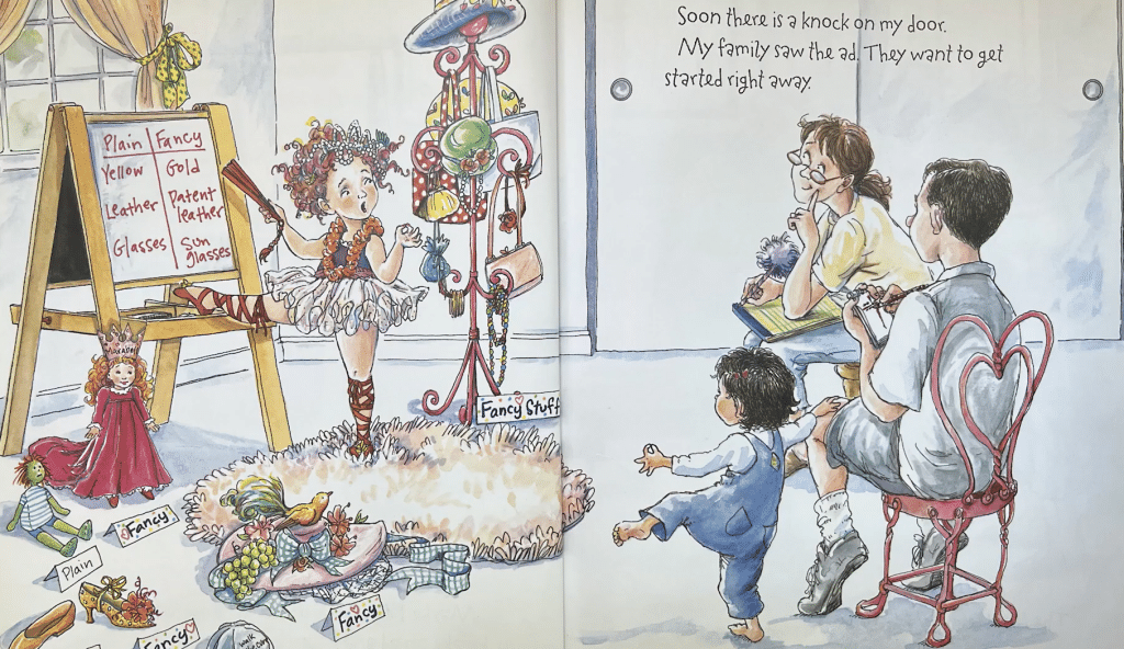Fancy Nancy teaching her family what is fancy and what is not.