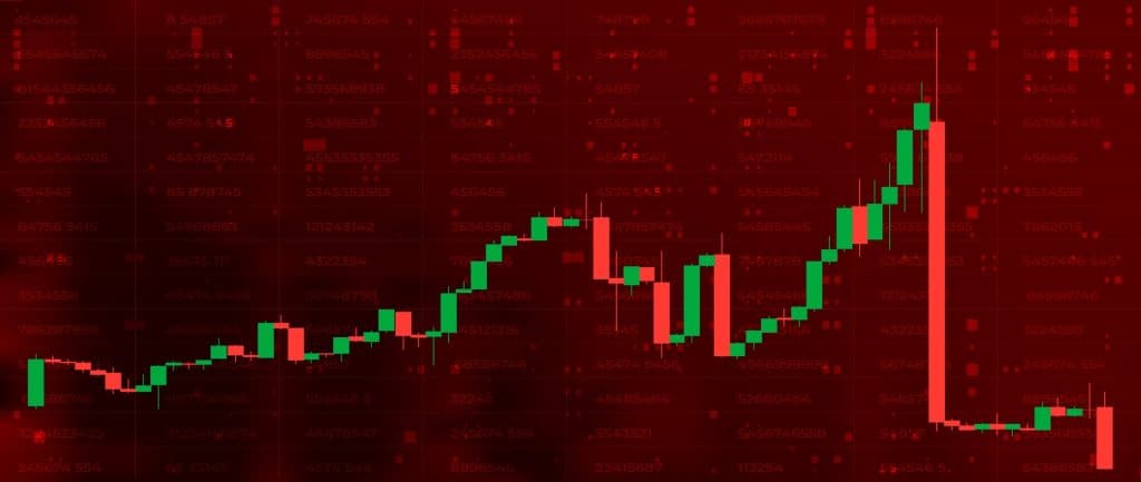 Image of a stock chart, with the increase in value in green bars and the decrease in red bars, against a dark red background.