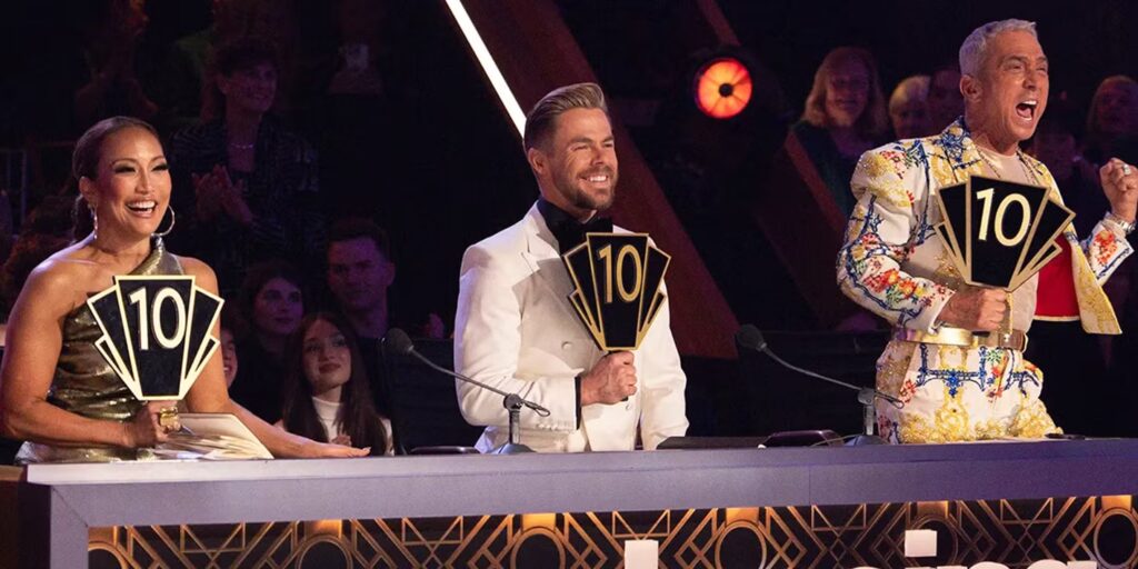 Judges Carrie Ann, Derek Hough, and Bruno Tonioli