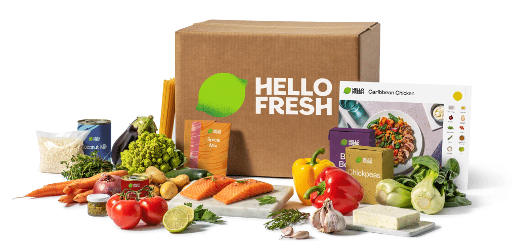 Hello Fresh box with ingredients and recipe for Caribbean Chicken.