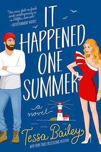 It Happened One Summer cover. A blond woman in a red dress stands with her hand on her hip with a rugged man with his arms crossed.