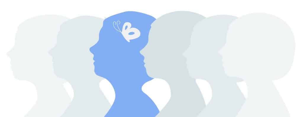 Image of a line-up of blue figures, with one person in the middle being in the darkest blue, with a butterfly in his head, symbolizing ASD.